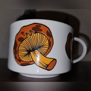 Vintage White Ceramic Soup Mug with Orange Mushroom Graphic